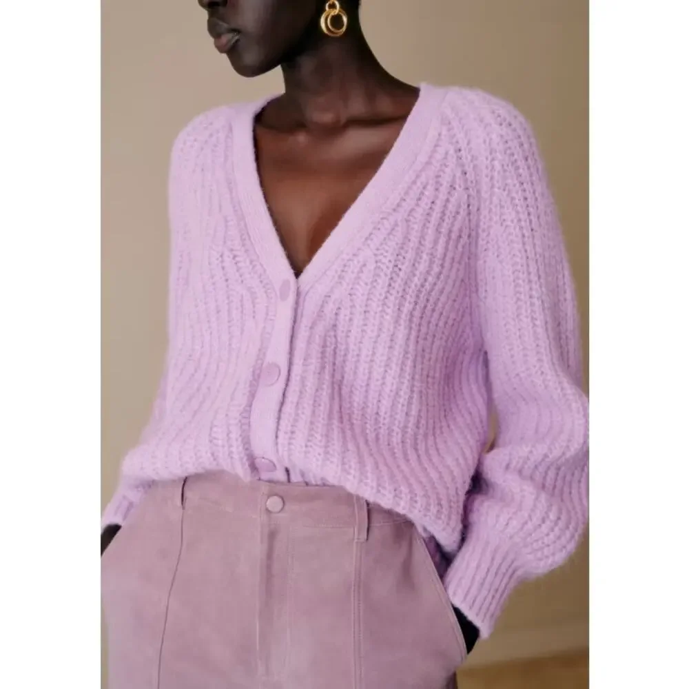SEZANE Basile Cardigan Sweater Mauve Purple Sz XXXL $198 {245} - Picture 2 of 7